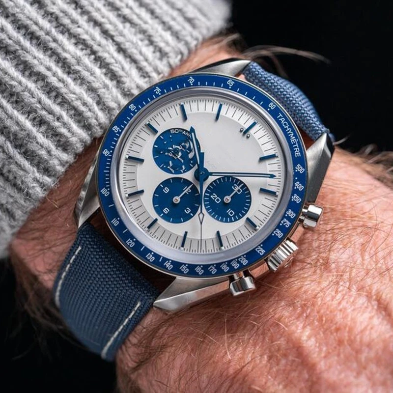 

OMG Speedmaster Silver Award 50th Anniversary Watch 42mm Case Blue Nylon Fabric Strap Moon Men's Wrist Watch Relogio Masculino