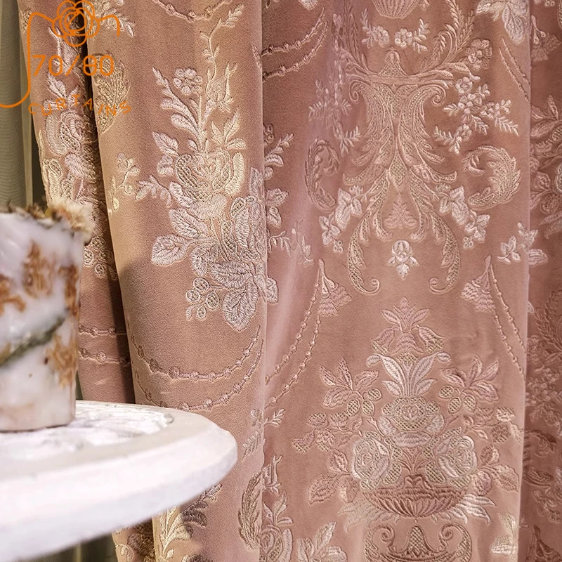 

American Retro Girl Pink Embroidered Flannelette Thickened Curtains for Living Room Bedroom Villa High French Window Customized