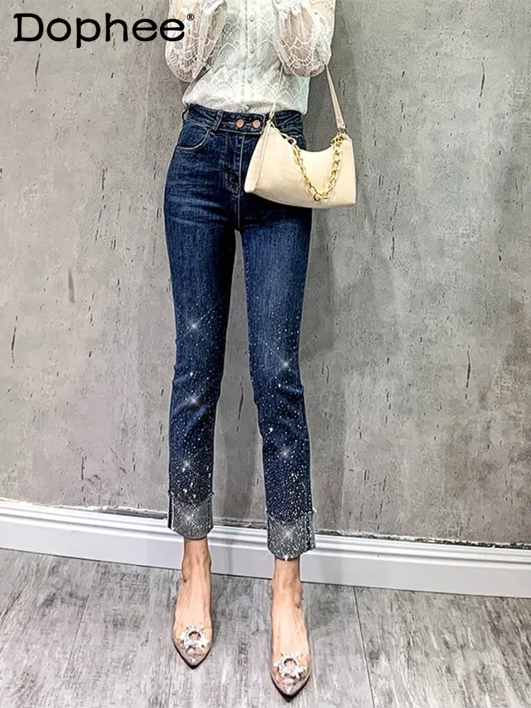 

Stretch Fleece Rhinestone Straight Jeans 2022 New Autumn Winter Women Trousers High Waist Slimming Ankle-Length Cigarette Pants