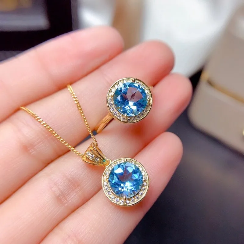 

Luxury 925 Sterling Silver & 14K Gold filled Round Paraiba Tourmaline Jewelry set for Women Wedding Bridal Ring Necklace Jewelry