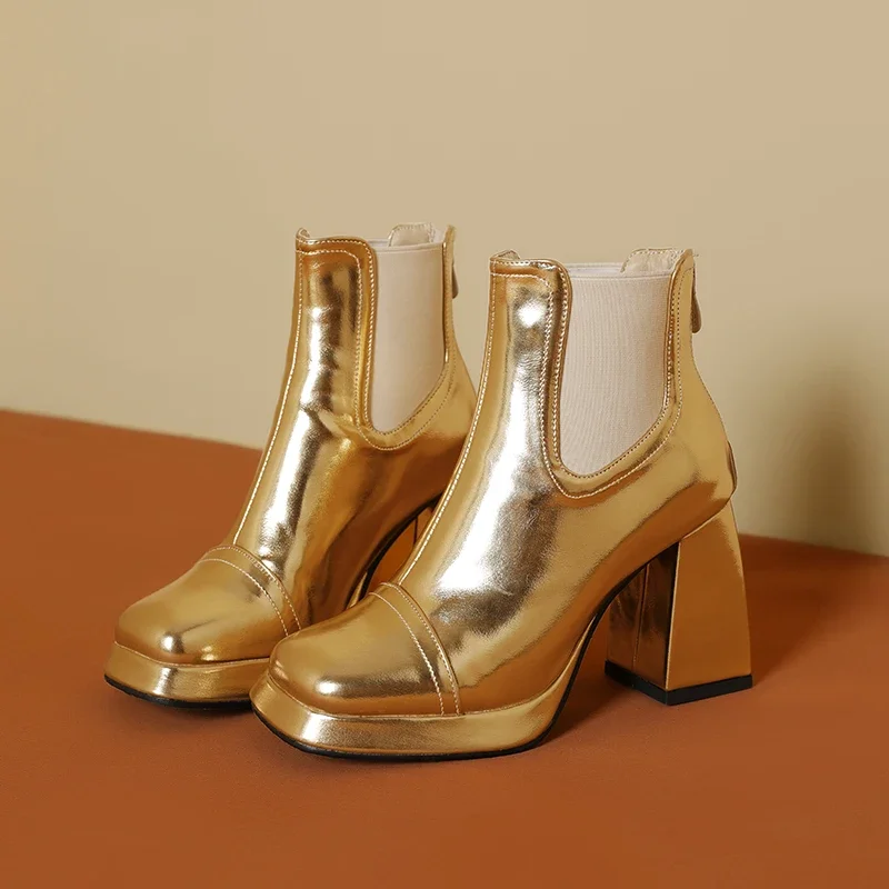 

New Women's Silver Platform Booties 2024 Stylish Shiny Leather Women's Square Head Elastic Chunky Heel Winter Gold Chelsea Boots