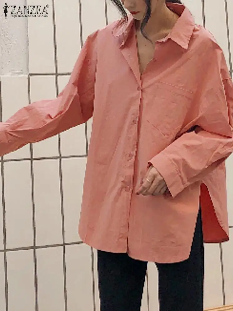 

ZANZEA Women Casual White Shirts Korean Fashion Long Sleeve White Chemise Chic Side Slit Oversize Tops 2023 Autumn Plain Blouses