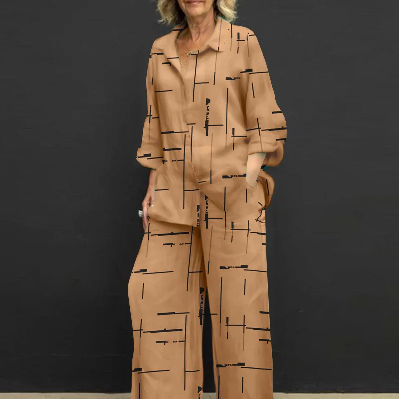 Женский новый повседневный костюм с принтом рубашка длинным рукавом и отложным