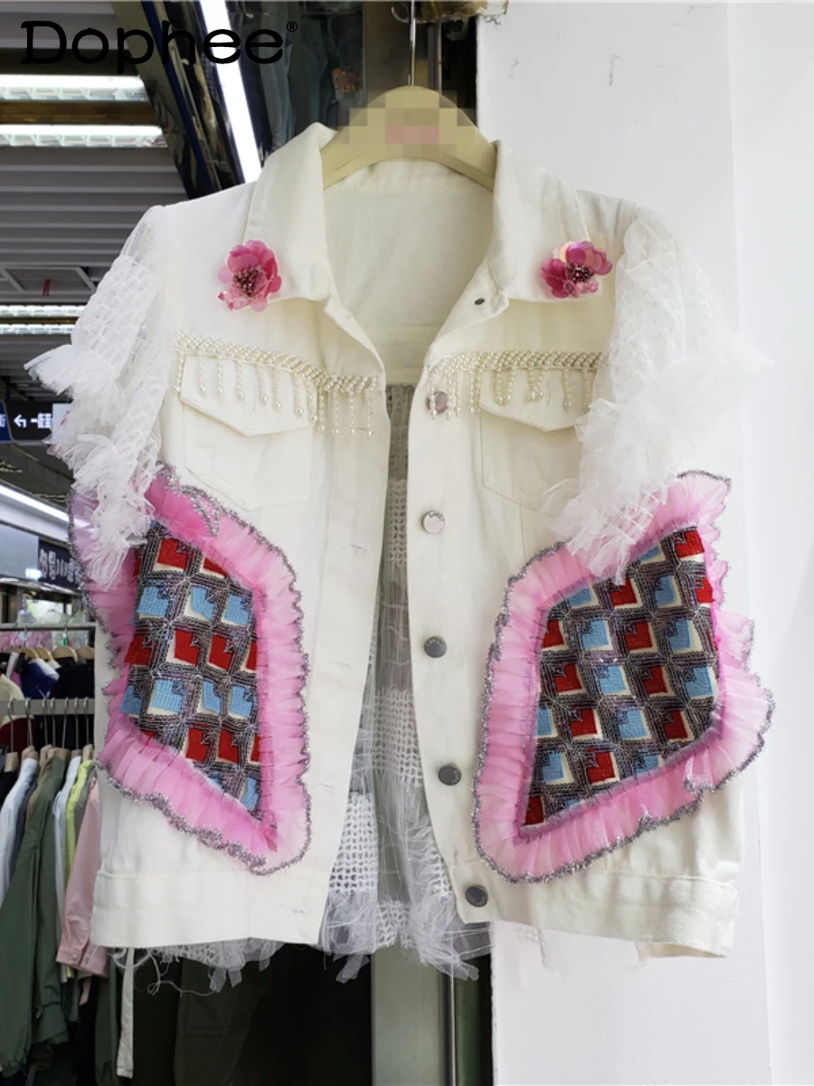 

Heavy Industry Beads Sleeveless Denim Vest Coat Women Spring Autumn 2022 New Fashion 3D Decoration Stitching White Vest Jacket