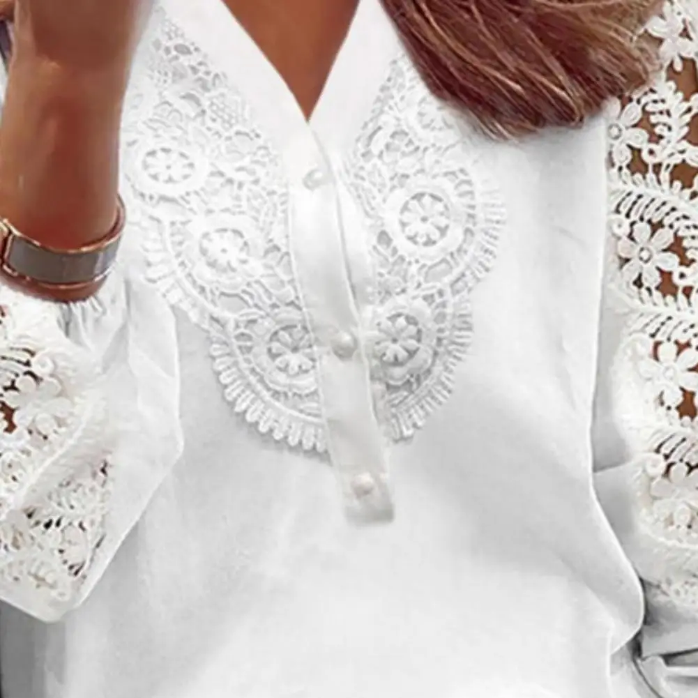 

Women Lace Shirt Elegant Lace Sleeve V-neck Shirt Chic Hollow Out Jacquard Design for Women's Workwear Featuring Buttons Solid