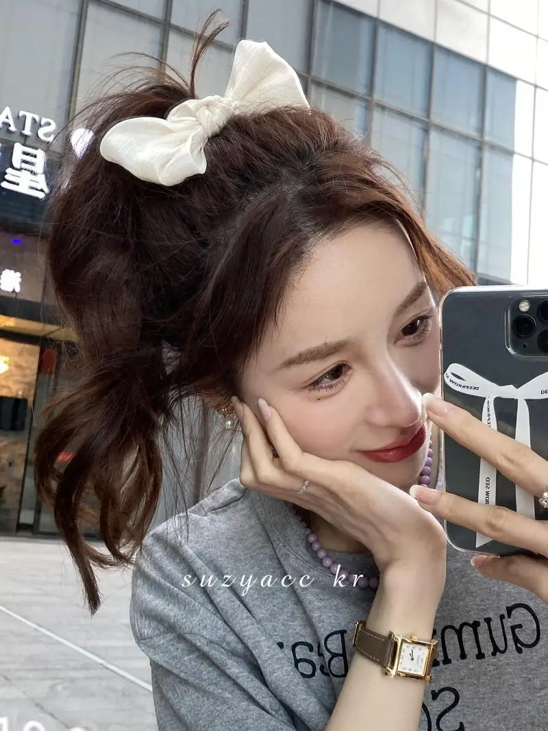 

Wholesale Beige/Black New Temperament French Satin Bow Hair Ring Simple Solid Color Rubber Band Headband Hair Accessories AFS328