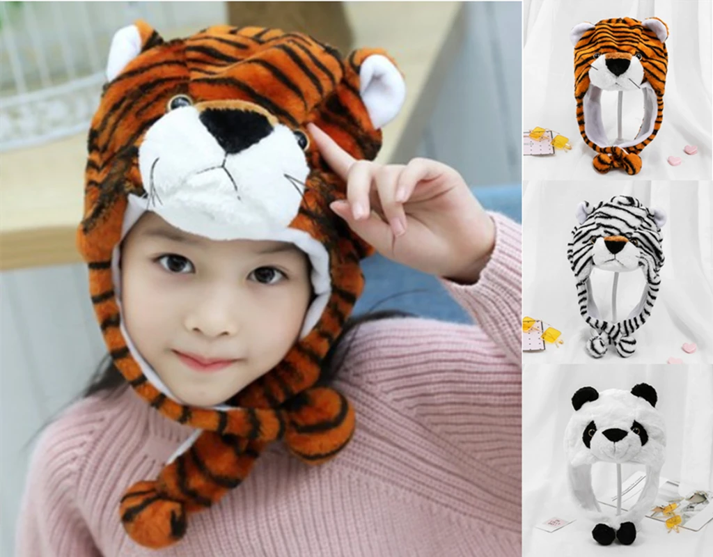 

Stuffed Animal Hat Cartoon Tiger Panda Dog Cap Kindergarten Parent-child Props Plush Head Cover Pullover Animals Caps Kids Adult