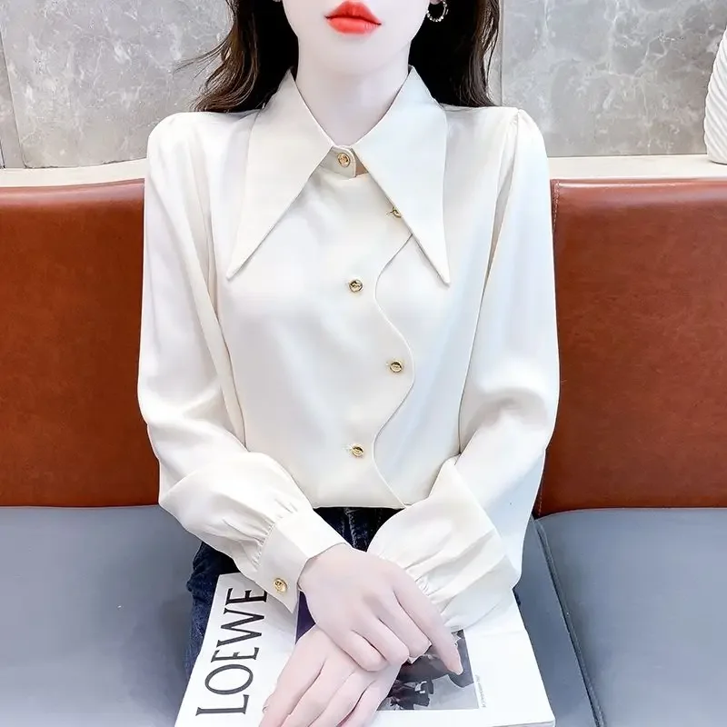 Рубашка-поло женская однотонная с длинным рукавом модная блуза в простом стиле