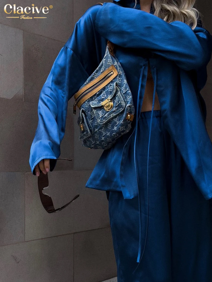 Модные свободные Синие атласные комплекты Clacive из 2 предметов женская одежда 2024