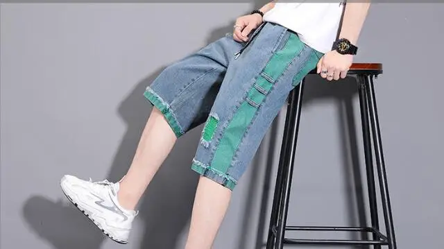 Summer thin Ripped Jeans Men's Slim Beggar Denim  Pants Calf-Length Pants Patchwork Jeans