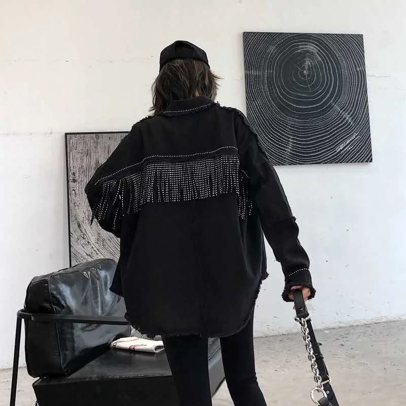NEW Women's Black Lapel Slim Fringe Decorative Long Sleeve Jacket Autumn Hot Drilling Raw Edge Casual Street Coat Female