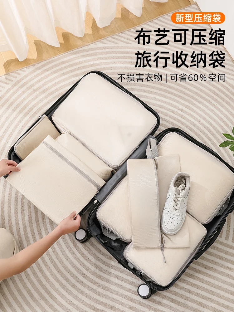 4PCS Compressed Packing Cubes Travel Storage Organizer Set With Shoe Bag Mesh Visual Luggage Portable Lightweight Suitcase Bag