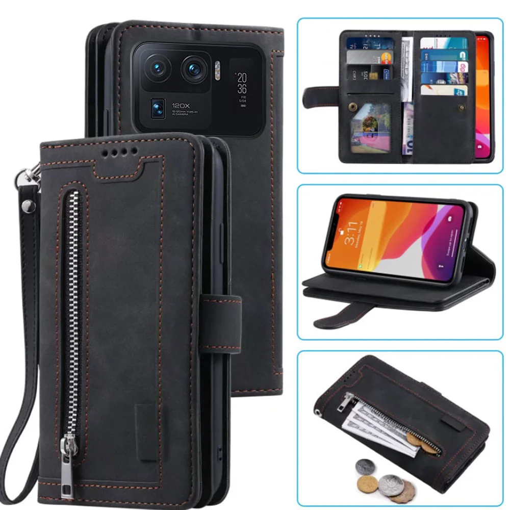 

9 Cards Wallet Case for Xiaomi Mi 11 Ultra Phone Case Card Slot Zipper Flip Folio with Wrist Strap for Xiaomi Mi 11 Ultra