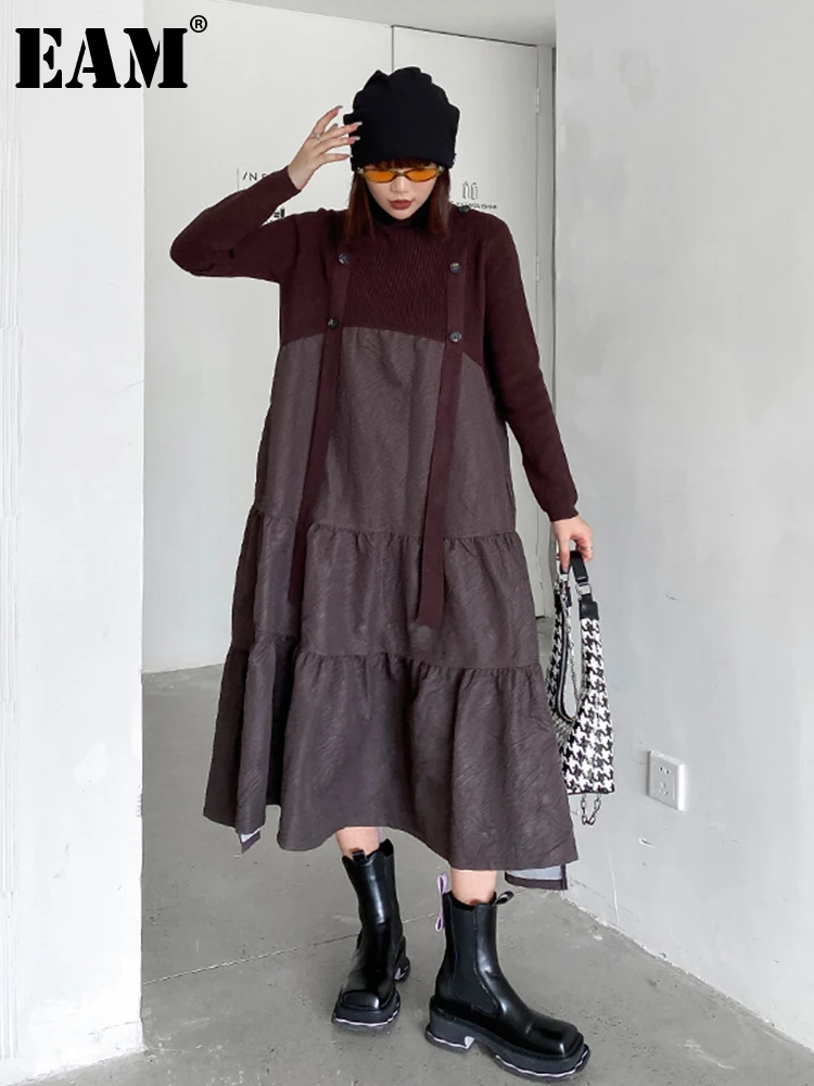 

[EAM] Women Brown Knitting Big Size Long Dress New Turtleneck Long Sleeve Loose Fit Fashion Tide Spring Autumn 2022 1DF1849
