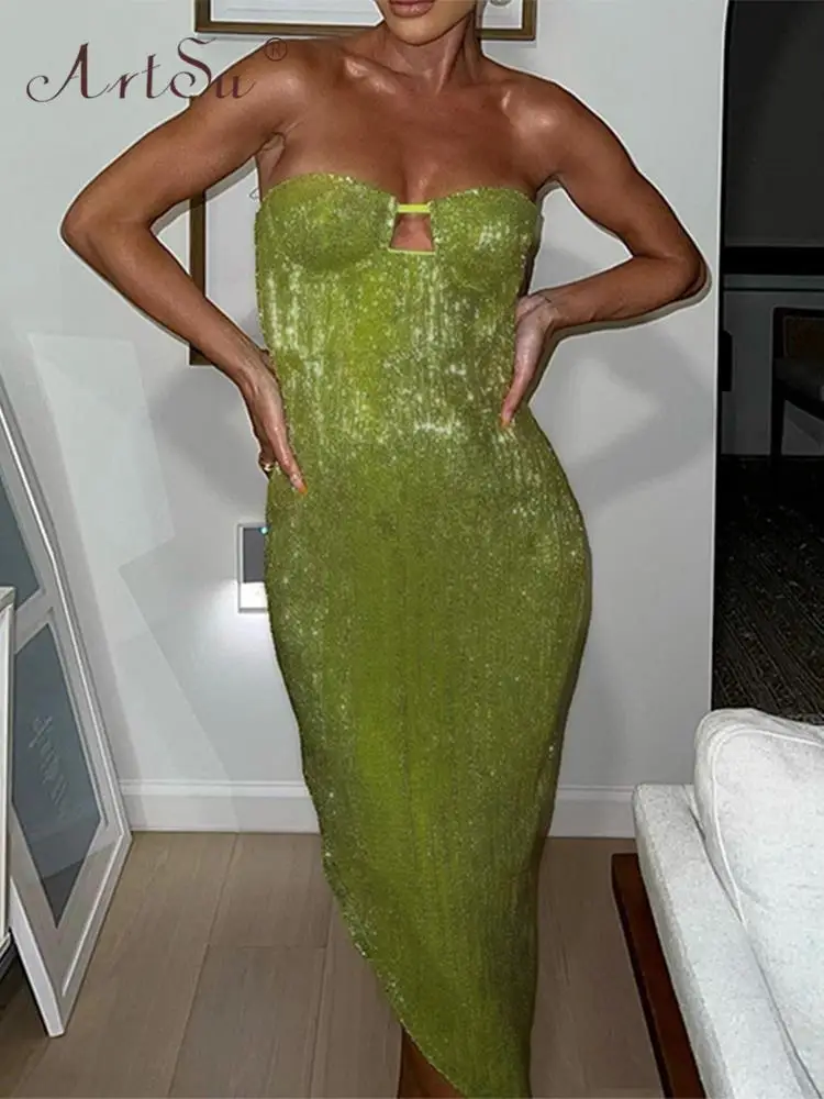 

Сексуальное блестящее женское платье без бретелек ArtSu с блестками, элегантные вечерние платья с открытой спиной, женская летняя облегающая ...