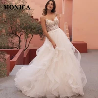 monica design wedding sleeveless spaghetti straps lace tiered a line beach prom party dress bridal dress vestido de novia