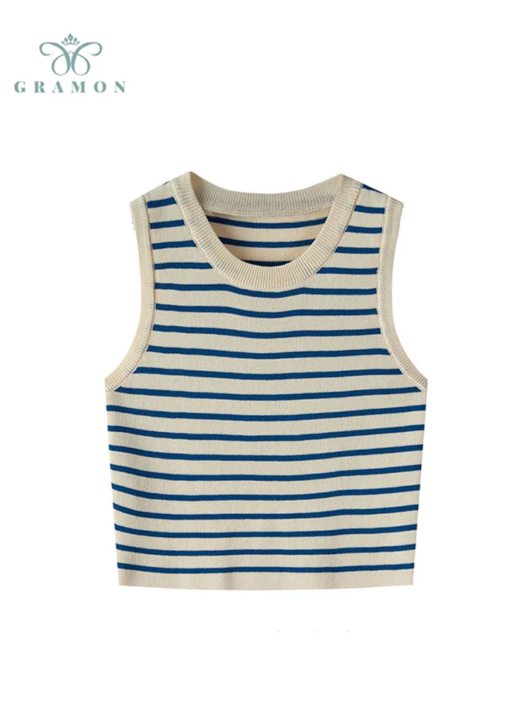 

Женский трикотажный топ в полоску, с круглым вырезом, без рукавов