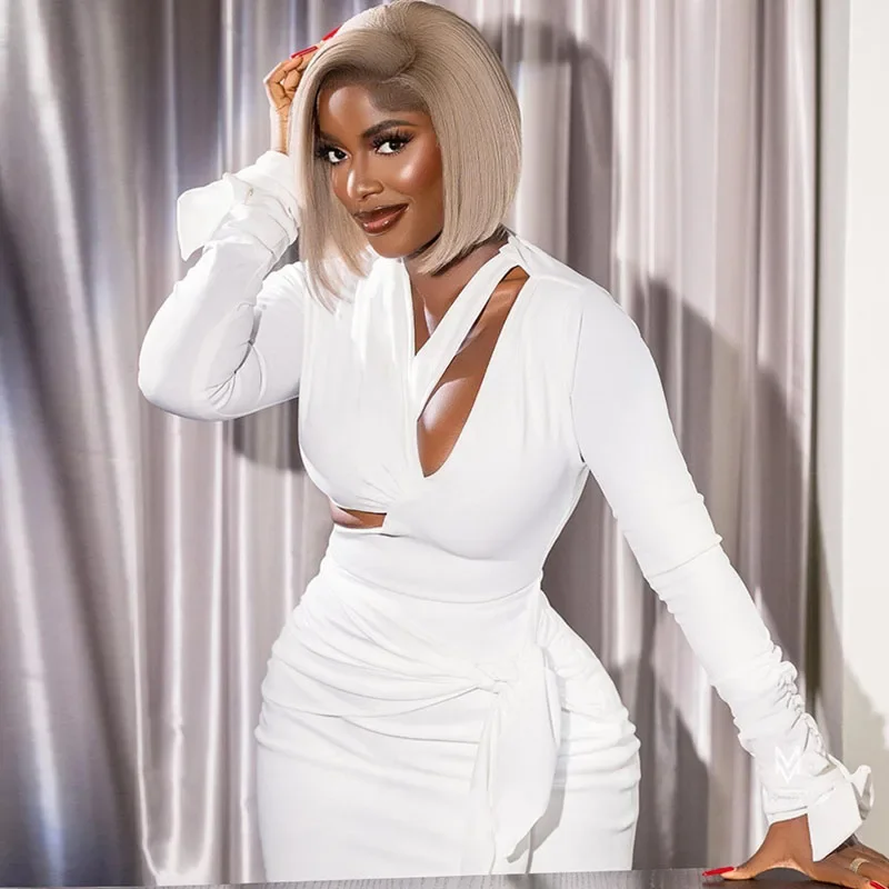 Однотонные облегающие мини-платья с длинным рукавом и вырезом элегантное