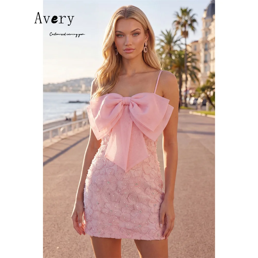 Фото Элегантное вечернее платье Avery с розовой юбкой, тонкими бретелями и бантом, для выпускного вечера, роскошное женское платье для вечеринок 2026 №1