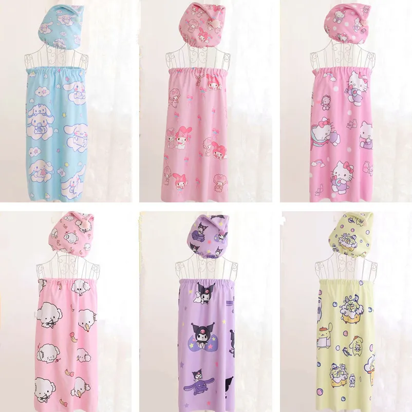

HelloKittys My Melody Kuromi Cinnamoroll юбка из чистого хлопка банный халат трубка топ Впитывающее быстросохнущее банное полотенце банная душевая шапочка