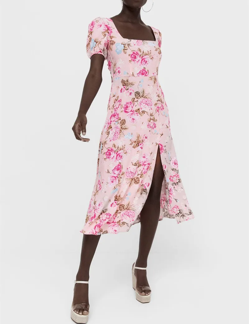 

Women New Slit Print Pullover Square Neck Chic Slim Fit Strapless Backless Short Sleeve Ladies Dress For Summer