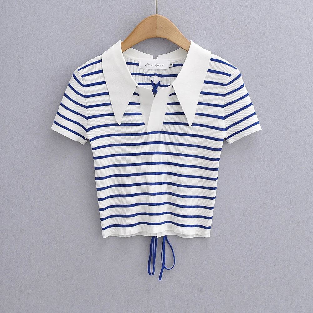 2022 Summer Women's Navy Blue and White Striped Knitted Crop Tops Sexy Backless Short-sleeve Turn-down Collar Short T-shirts
