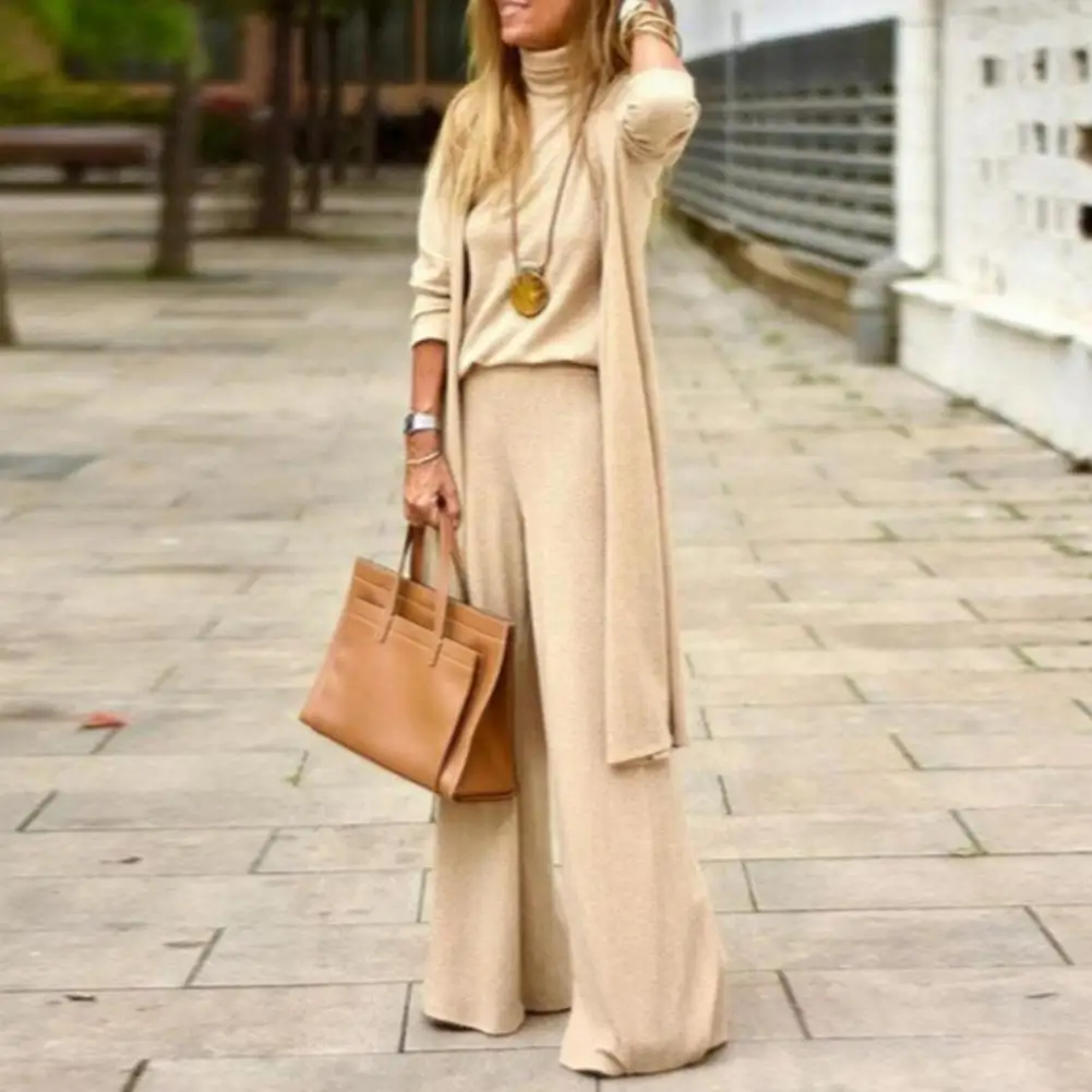 

Fall Blouse Pants Suit Midi Length Coat Deep Crotch Thermal Casual Women Fall Outfit Women Coat Top Pants Set for Work