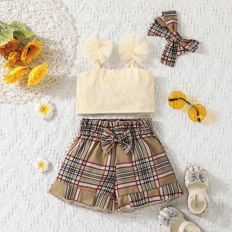

Infant Summer Clothing Sets Baby Girl Clothes Toddler Solid Bow Suspender Top + Plaid Shorts 2pcs Set Children Fashion Outfits