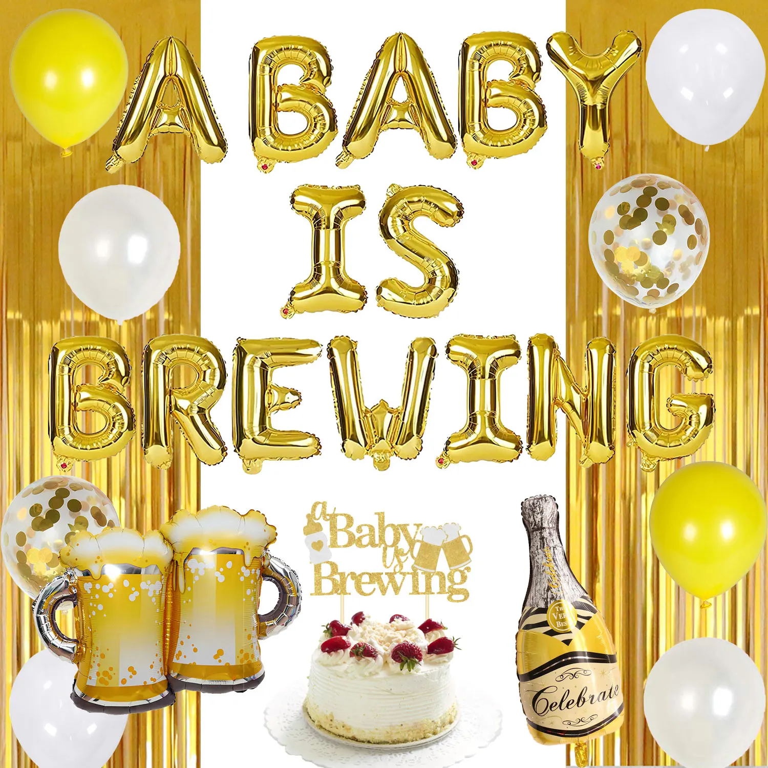 

Funmemoir Gold A Baby Is Brewing Balloon Banner Cake Topper Baby Shower Party Decorations Beer Mug Foil Balloons Supplies