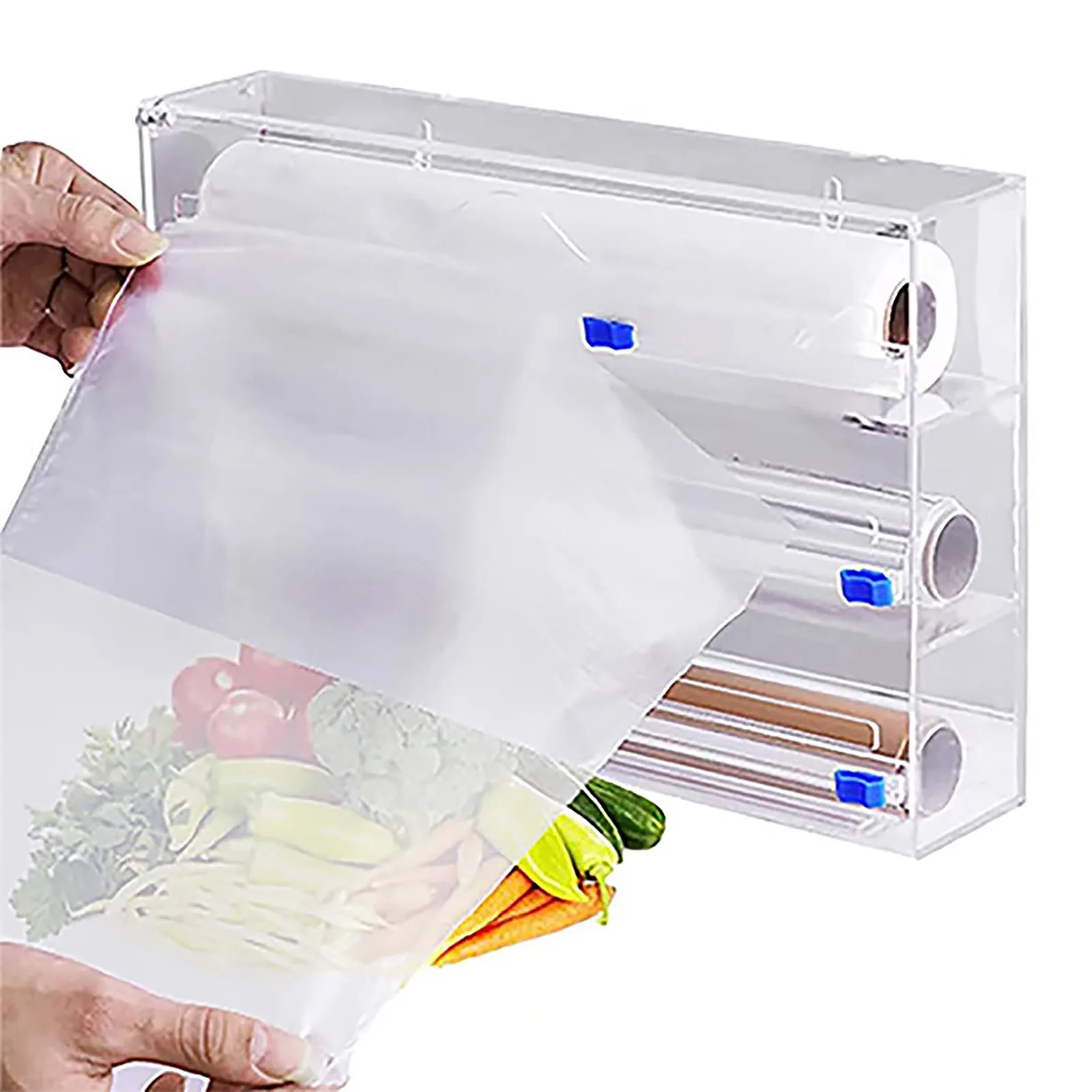 

3 IN 1 Plastic Wrap Dispenser with Cutter Food Wrap Cling Film Storage Organizer Acrylic Foil Organizer for Kitchen Drawer