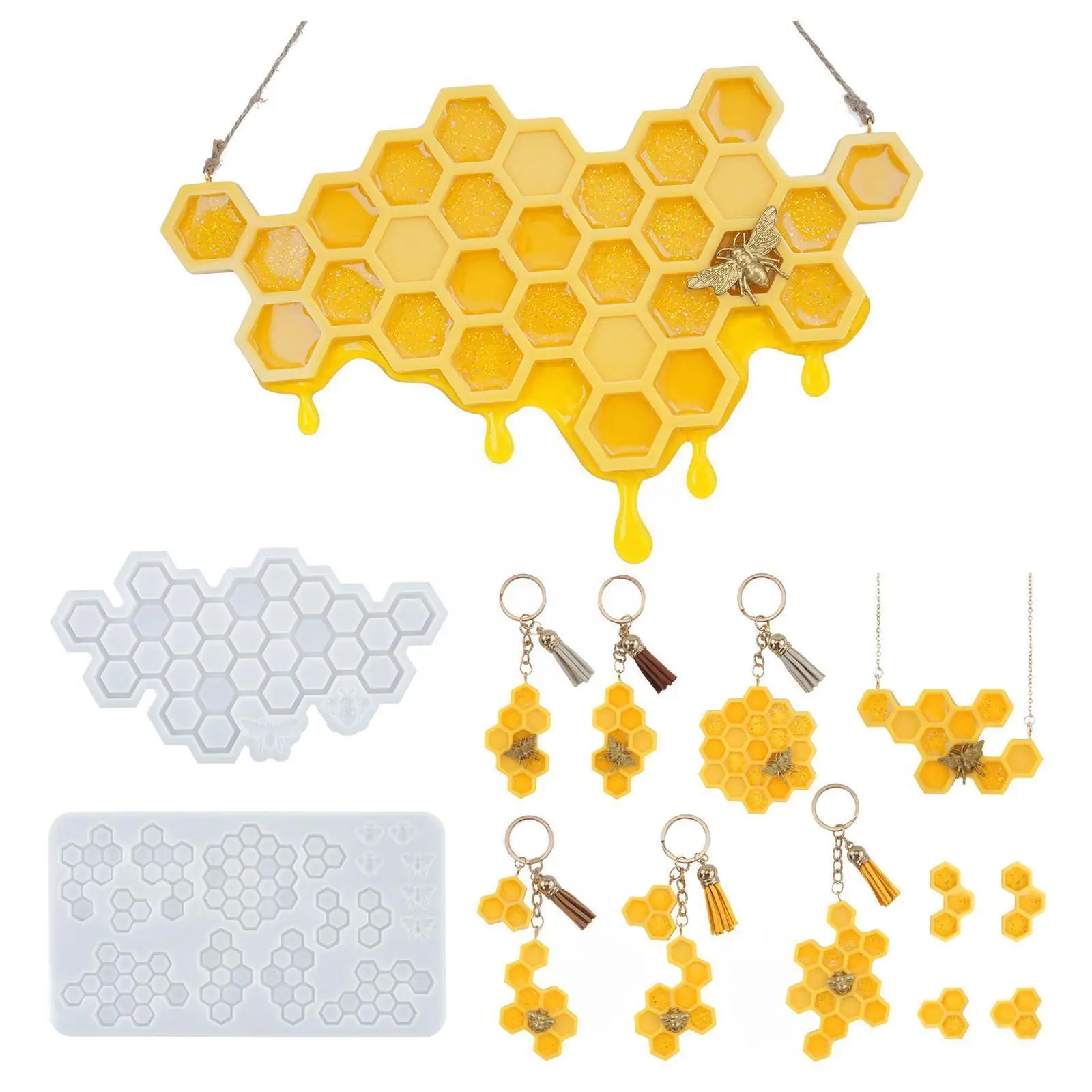 

Diy Crystal Epoxy Resin Honey Honeycomb Keychain House Number Mirror Silicone Mold Pendant O8x9