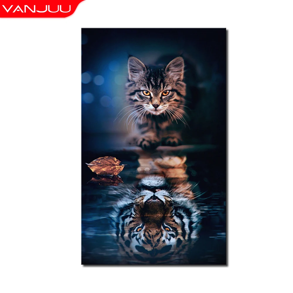 5D Diamond Painting Full Drill Tiger Mosaic Cat's Reflection Embroidery Kits Diy Rhinestones Home Decor Gift | Дом и сад