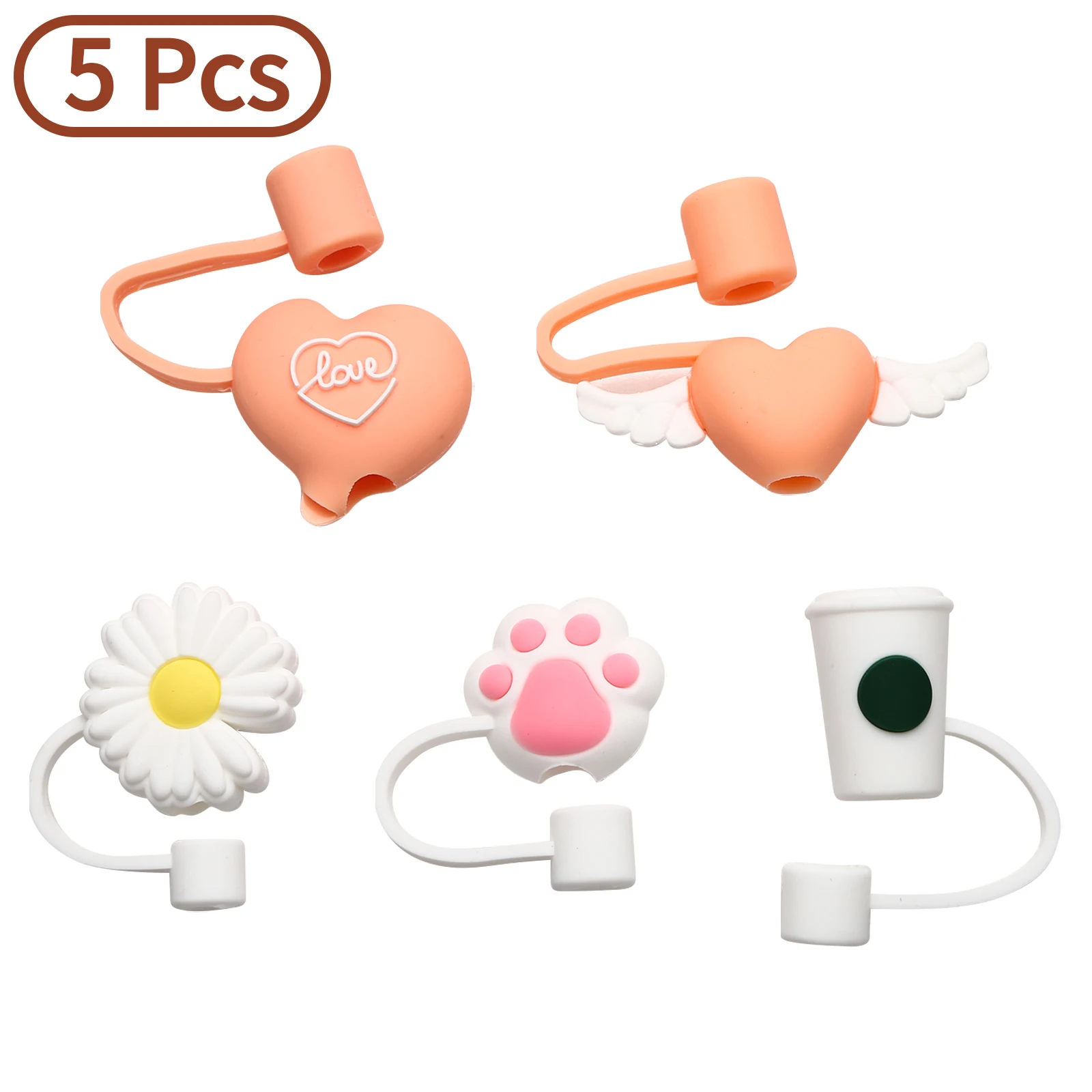 

5Pcs Food Grade Silicone Straw Tip Covers Cute Shape Anti-Dust Splash Proof Reusable Drinking Straw Tip Lids