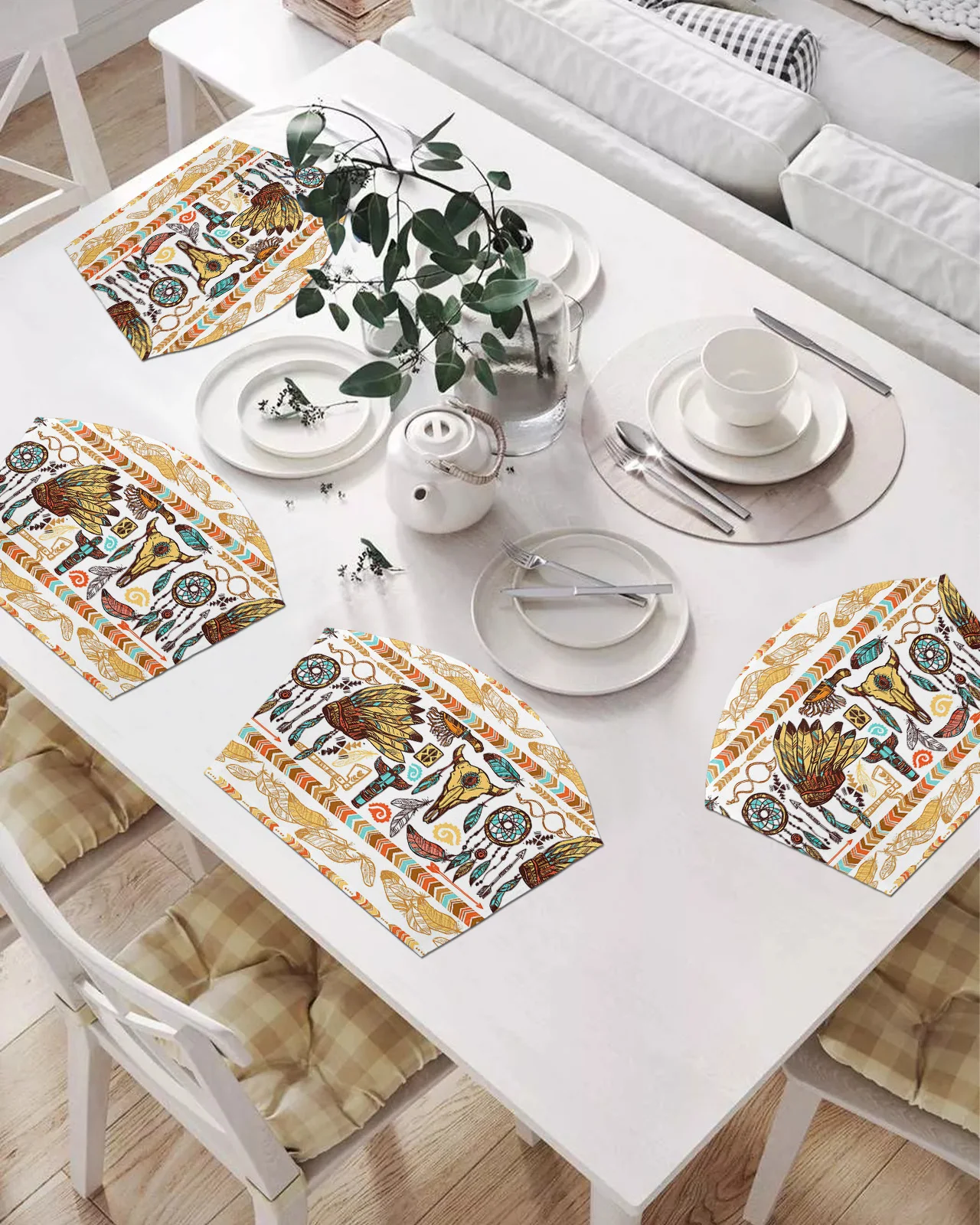 

2/4/6 шт. набор веерообразных подставок, этническая индийская Ретро шляпа с перьями, коврики для стола, подставка, Рождественский домашний дек...