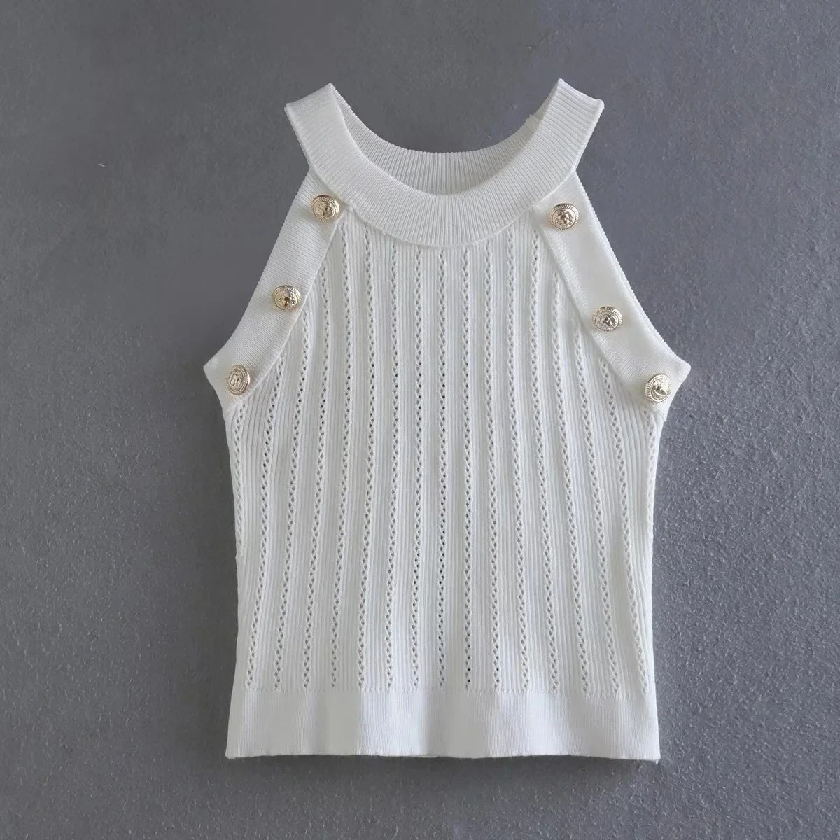 

Кроп-Топ женский белый, винтажная вязаная ажурная майка на пуговицах, уличная мода, стильный Повседневный Шикарный ретро классический Y2k