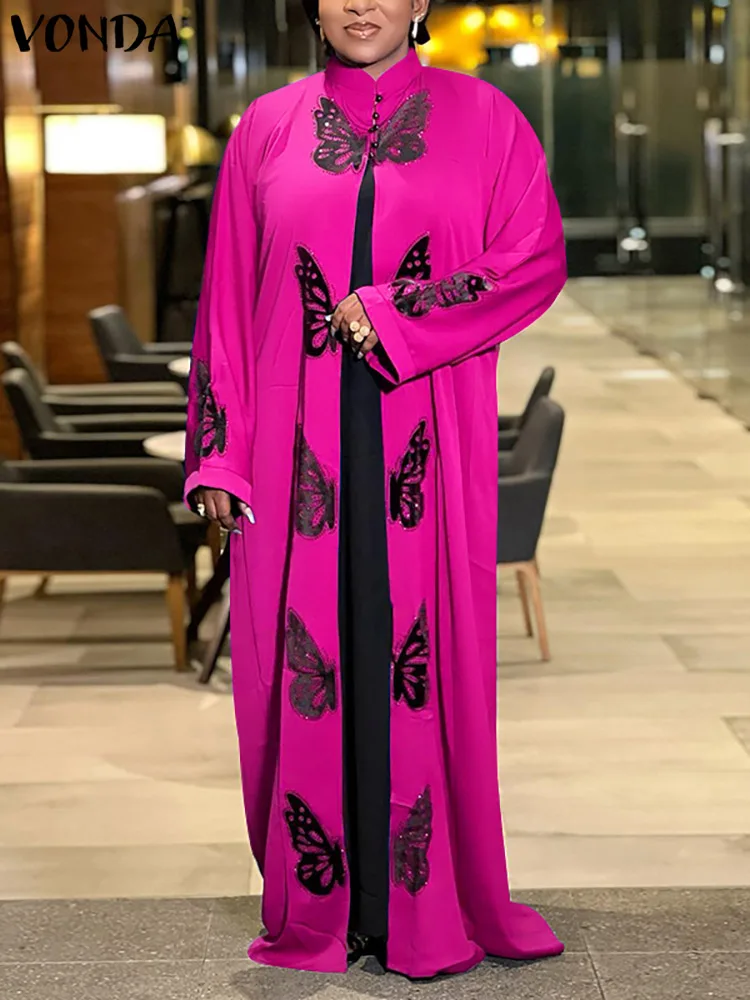 

VONDA Bohemian Vintage Femme Long Sleeve Polyester Robe Women Casual Vestidos Stand Neck Printed Sundress Long Dresses Oversized