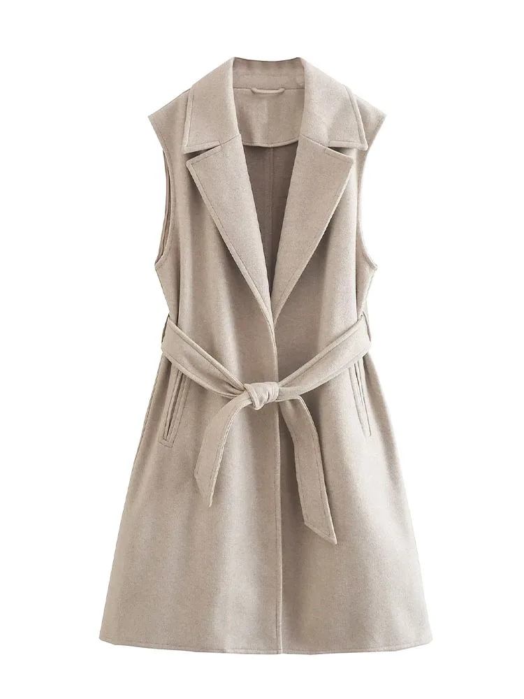 

2022 Autumn/Winter Women's New Chic Suit Collar Fashion Solid Color with Belt Soft Temperament Hundred Long Vest