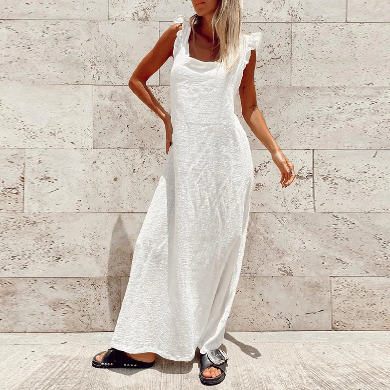 

New Spring Square Collar Straight Cotton Dress Women Tie-up Bow Backless Long Dress Summer Butterfly Sleeveless Lady Party Dress