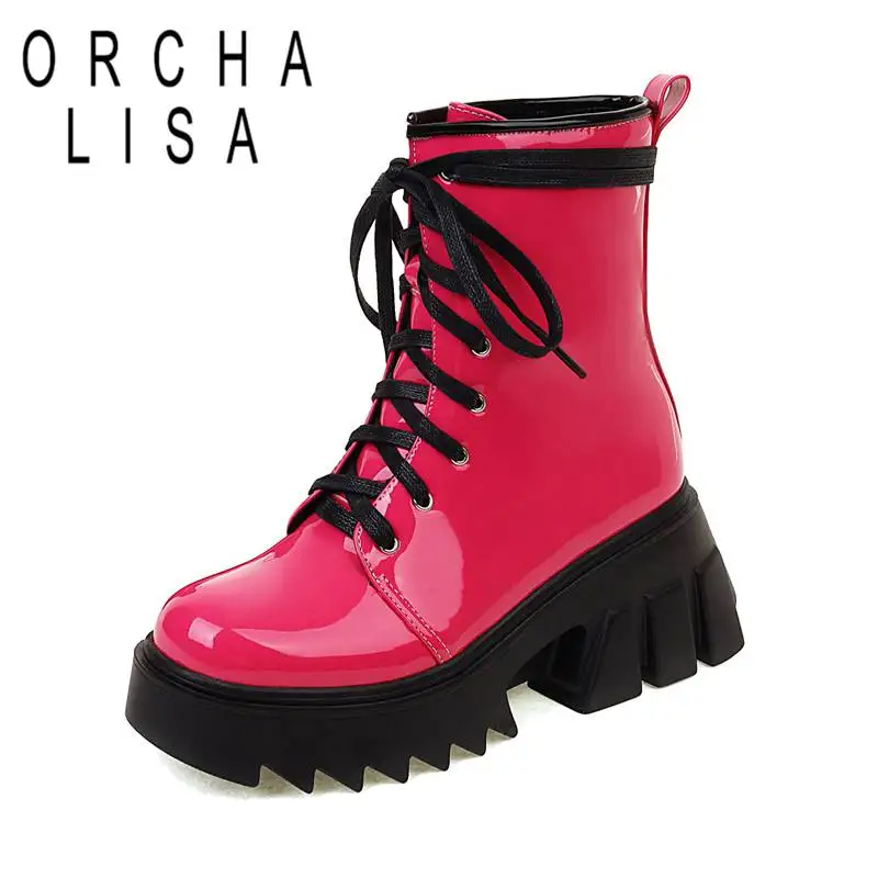 

ORCHALISA Women Mid Calf Boots Ladies Sapatos Platform Block Heels Lace-up Plus Size 35-44 Warm Leisure Shoes Daily Winter N0045