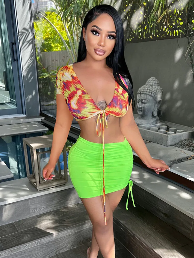 

Akaily Summer Sexy 2 Two Peice Set Outfits Women Skirts V Neck Bandage Print Crop Top Mini Fashion Green Dress Sets Female 2022
