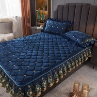 peiduo lace luxury crystal velvet bedding cover quilted fitted bed sheet 3 side coverage drop dust ruffle bed skirt