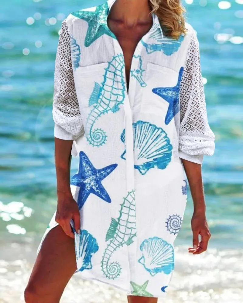 

Starfish Scallop Print Lace Patch Shirt Dress Women Spring Summer High Waist Mini Dres Shirt Fashion Casual V Neck