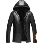 Мужская кожаная куртка с капюшоном, темно-синяя теплая Повседневная куртка из искусственной кожи на флисе, Осень-зима 2021