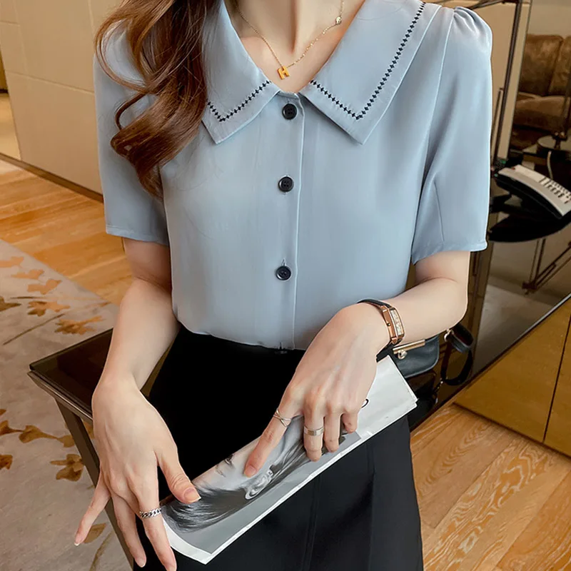 Летние шифоновые рубашки с кукольным воротником и короткими рукавами женская