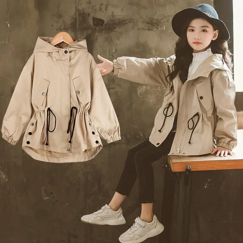 

Girls Cotton Thickened Trench Coat for Children's Autumn and Winter Korean Hooded Warm Parka Teen Kids Drawstring Jackets