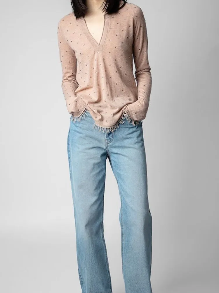 

100% Linen Tassels Knit Sweater Women's Thin Rhinestone Decoration Solid Color New 2023 Long Sleeve V-neck Female Pullover Top