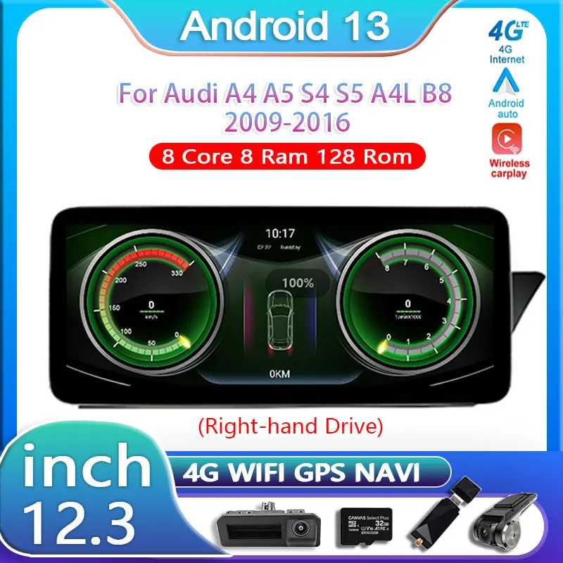 

12.3 Inch Android 13 Car Screen For Audi A4 A5 S4 S5 A4L B8 2009-2016 Right-hand Drive Multimedia Video Player Carplay Radio