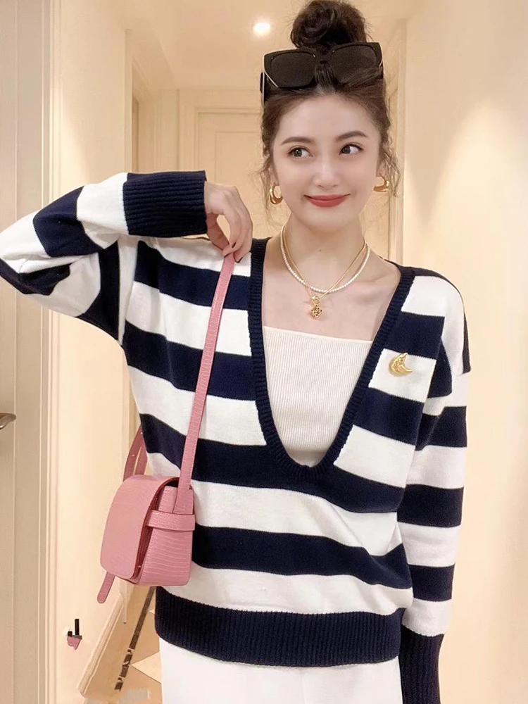 Плюс размер корейский Sle Idle контрастный цвет в полоску с длинными рукавами