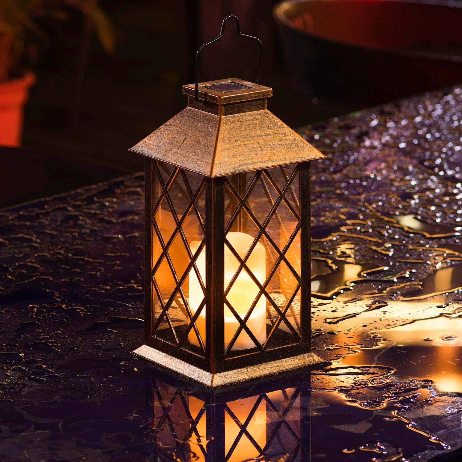 

11" Bronze Solar Lantern Outdoor LED Plastic Garden Flickering Flameless Candle Lights