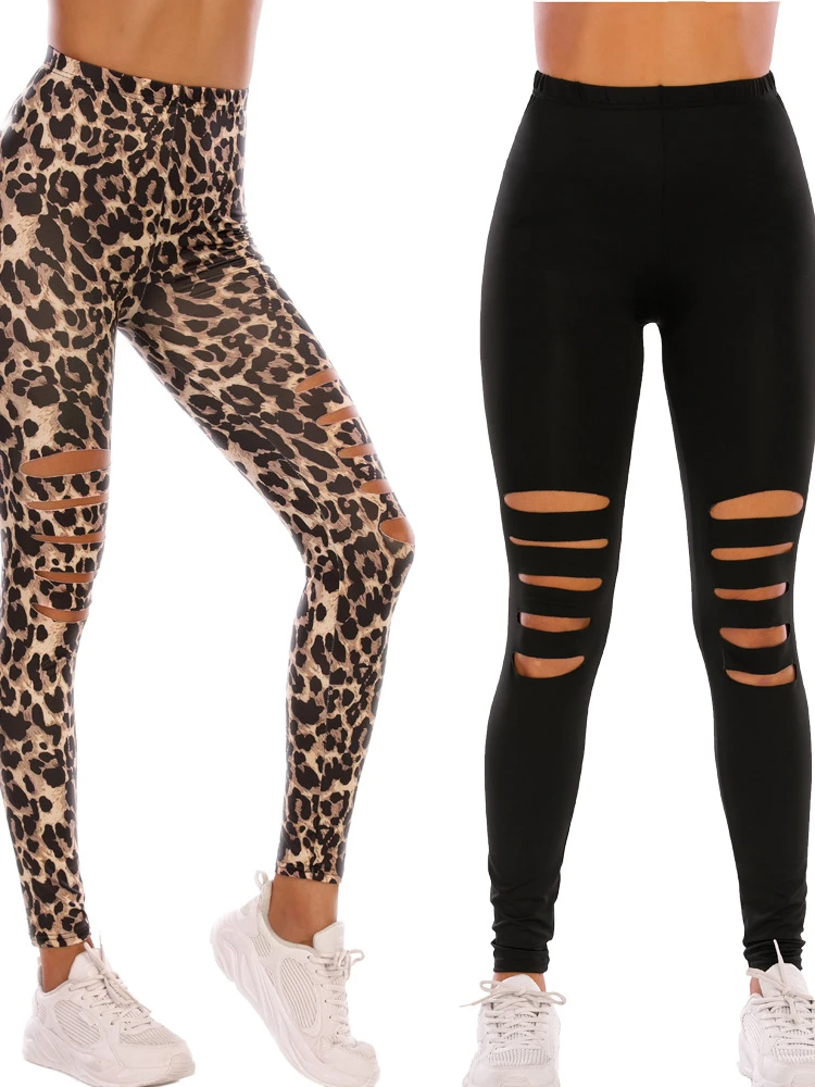 

2023 New Black Stretch Pants Printed Leopard Print Tight High Waisted Oversized Sports Perforated Leggings for Women